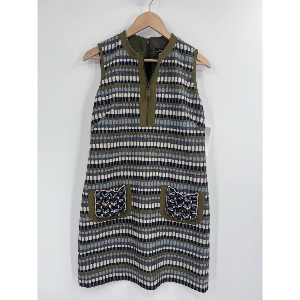 Andrew Gn Woven Blue Green Beaded Slip Pocket A Line Dress Size 44 Zip Detail